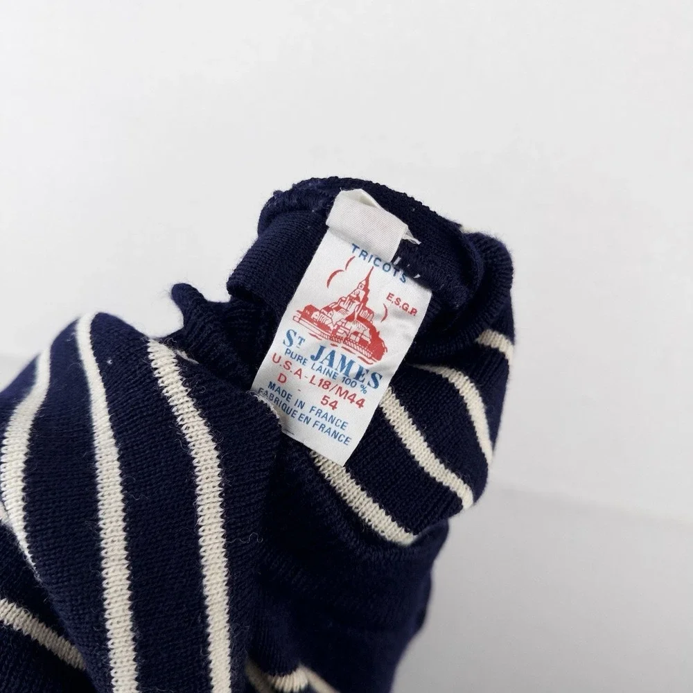 70's Saint James Wool Sweater Bretone Stripe Button Shoulder Made France Blue M